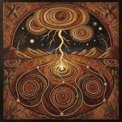 Indigenous Australian dot painting illustration, lightning striking the earth cr