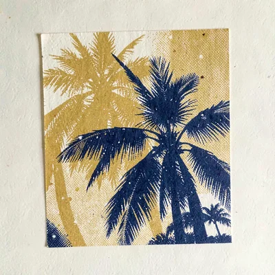 Bram-screenpress two-color riso of a halftone palm-and-sun motif in mustard and
