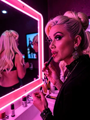Drag queen applying lipstick in pink neon glow of club bathroom mirror