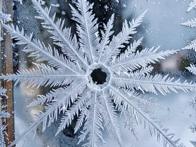 Ice feathers growing outward from nucleation point on window
