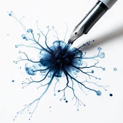 Fountain pen ink bloom from an oversaturated nib touching paper, the initial bur