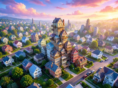 House of cards made of actual houses, aerial view, suburban setting