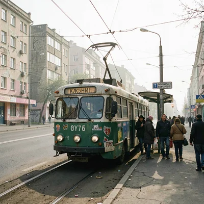 Post-Soviet urban photography, A trolleybus at a stop, its pantograph touching o