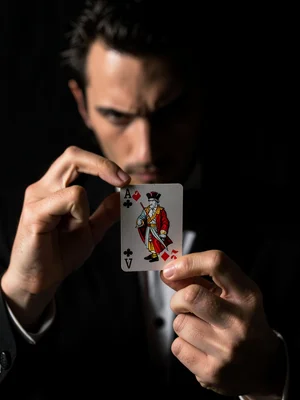Magician's hands mid-card trick, card suspended between fingers, face lost in sh
