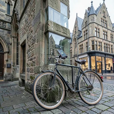 Medieval-modern temporal collision, Ghent layers, Vintage bicycle parked against