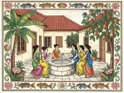Village courtyard scene — women around a well, banana and mango trees at corners
