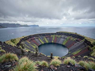 Edge-of-world isolation on Rapa Nui, The crater lake of Rano Kau under overcast 
