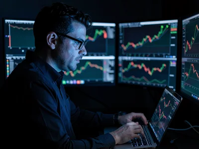 Stock trader at multiple monitors, market graphs reflected in glasses, the finan