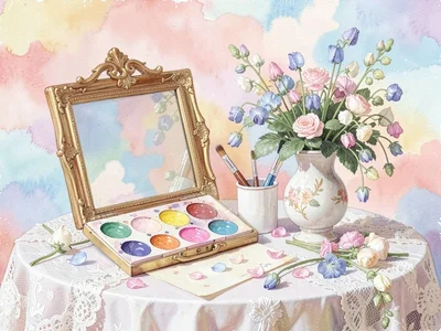 Pastel watercolour palette open beside a vase of sweet peas — brushes in a cup, 