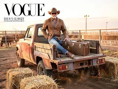 Louis Vuitton trunk in truck bed, bales of hay surrounding, rodeo parking lot
