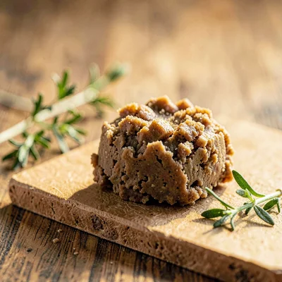 Warm corner of a small scoop of kibble on a kraft mat, single sprig of herbs asi