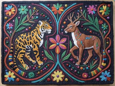 Jaguar and deer facing each other — mirror symmetry, peyote blossoms between the