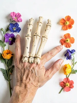 Anatomical study of human hand bones arranged beside pressed flowers
