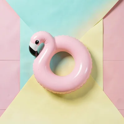 Single inflatable flamingo ring centered alone on an aqua-to-yellow paper sweep 