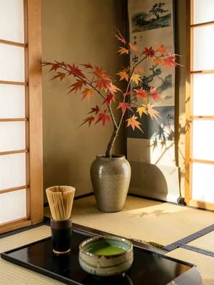 Autumn maple in bizen vase in tokonoma