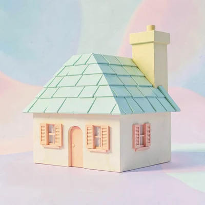 Roof-tiled faceted cream lowpoly cottage with mint roof tiles, peach shutters, a