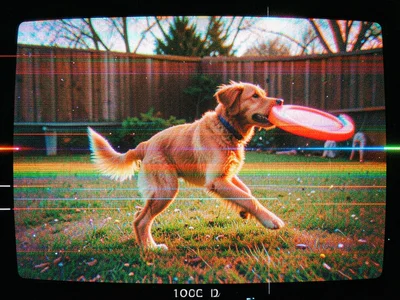 A family dog catching a frisbee in a backyard, the dog's body smeared across hor