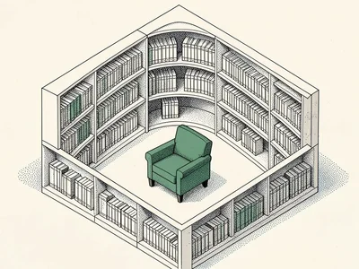 Within a small library plan, stippled shelves arrange themselves in concentric r