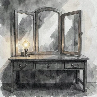 Charcoal-mood of a stepped vanity with a triptych mirror, single warm bulb pooli