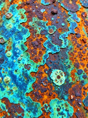 Beach fence post with layers of salt-air oxidation, blue-green on iron