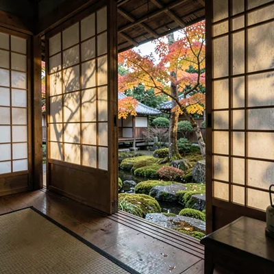 Wooden tea-house veranda overlooking a moss garden, sliding paper screens slight