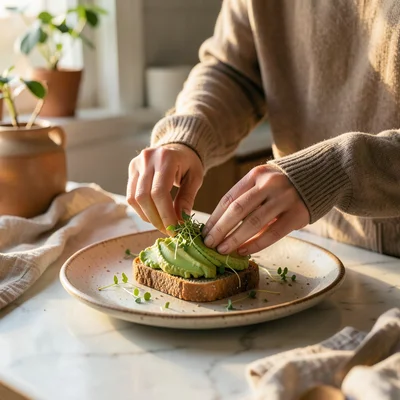 Hands arranging sliced avocado on sourdough toast with microgreens, rustic ceram