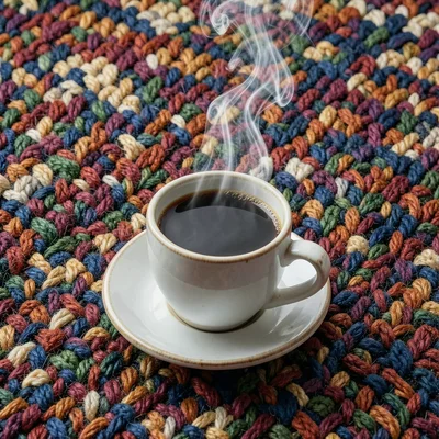 A coffee cup on a saucer with steam rising, the steam depicted as loose white fi