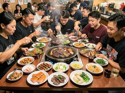 A Korean BBQ table at peak chaos, twelve side dishes, three grills going
