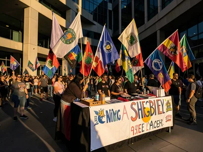Flag vendor at pride event with variety of community flags displayed