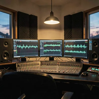 Atmospheric photo of a sound design studio at dusk with monitor walls showing wa