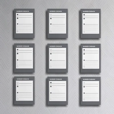 A 3x4 grid of twelve small worker-checklist mockups in slate and bone, gentle dr