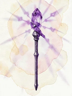 Single amethyst lowpoly wizard staff topped with a knot of violet faceted crysta