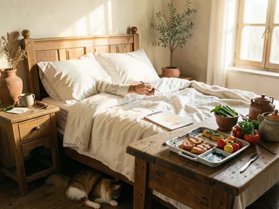 Artist sketching in bed, watercolor palette on nightstand, cat curled at feet, s