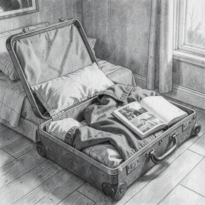 Charcoal interior plate of a bedroom packed in a hurry, suitcase open, photo alb