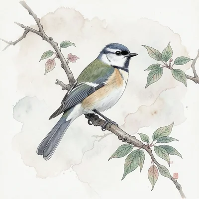 Bird on branch — bird is photograph, branch and leaves are embroidered