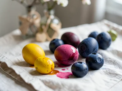 Easter eggs dyed in natural colors — turmeric yellow, beet pink, blueberry blue 
