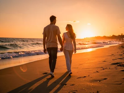 Couple walking beach at sunset