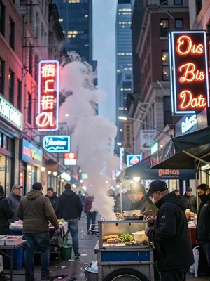 Food vendor steam rising into neon signs three blocks away, compression making f