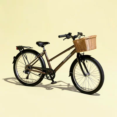 Bold flat-color hero of a city bike with wicker basket isolated on a butter-yell