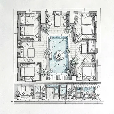 A boutique-hotel floor plan with rooms ringing an interior courtyard pool, a roo