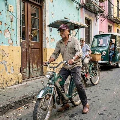 Havana preserved decay, improvised maintenance beauty, Bicycle taxi driver waiti