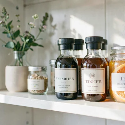 Vertical of a sunny pantry shelf with bottles of vanilla extract and small jars 