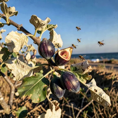 Mediterranean summer photograph, August dry heat, Figs splitting open on the bra