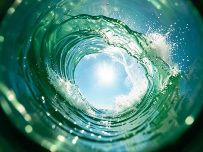 Wave bottom turn — explosion of spray from a fin carving a hard arc at maximum s