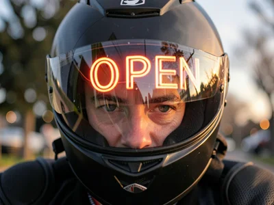 Motorcycle helmet visor reflecting a neon sign that reads OPEN, the rider's eyes