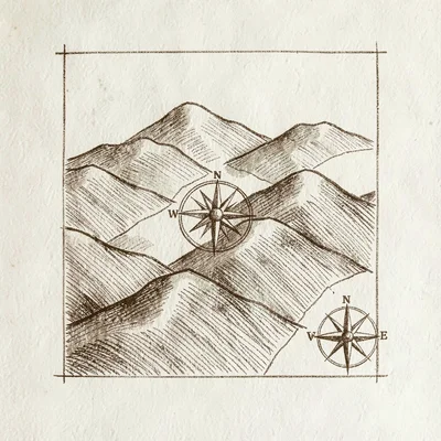 Hand-drawn literary map of a fictional landscape with hatched hills and a compas
