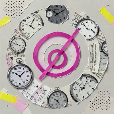 Torn newsprint cutouts of clocks, calendars, and watches arranged in concentric 