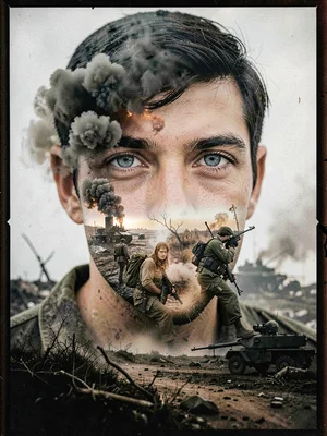 Soldier's face containing battlefield smoke, war living inside him, eyes showing