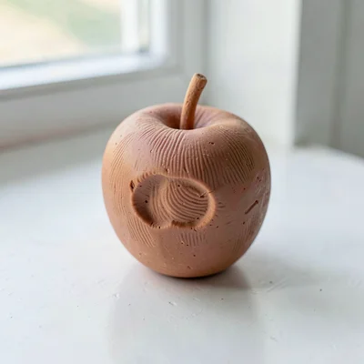 Carved terracotta apple with a thumb-pressed dimple at its blossom end and finge