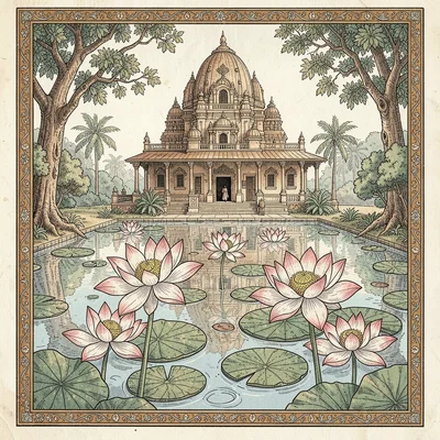 Kalamkari pen illustration, lotus flowers floating on temple pond waters , hand-